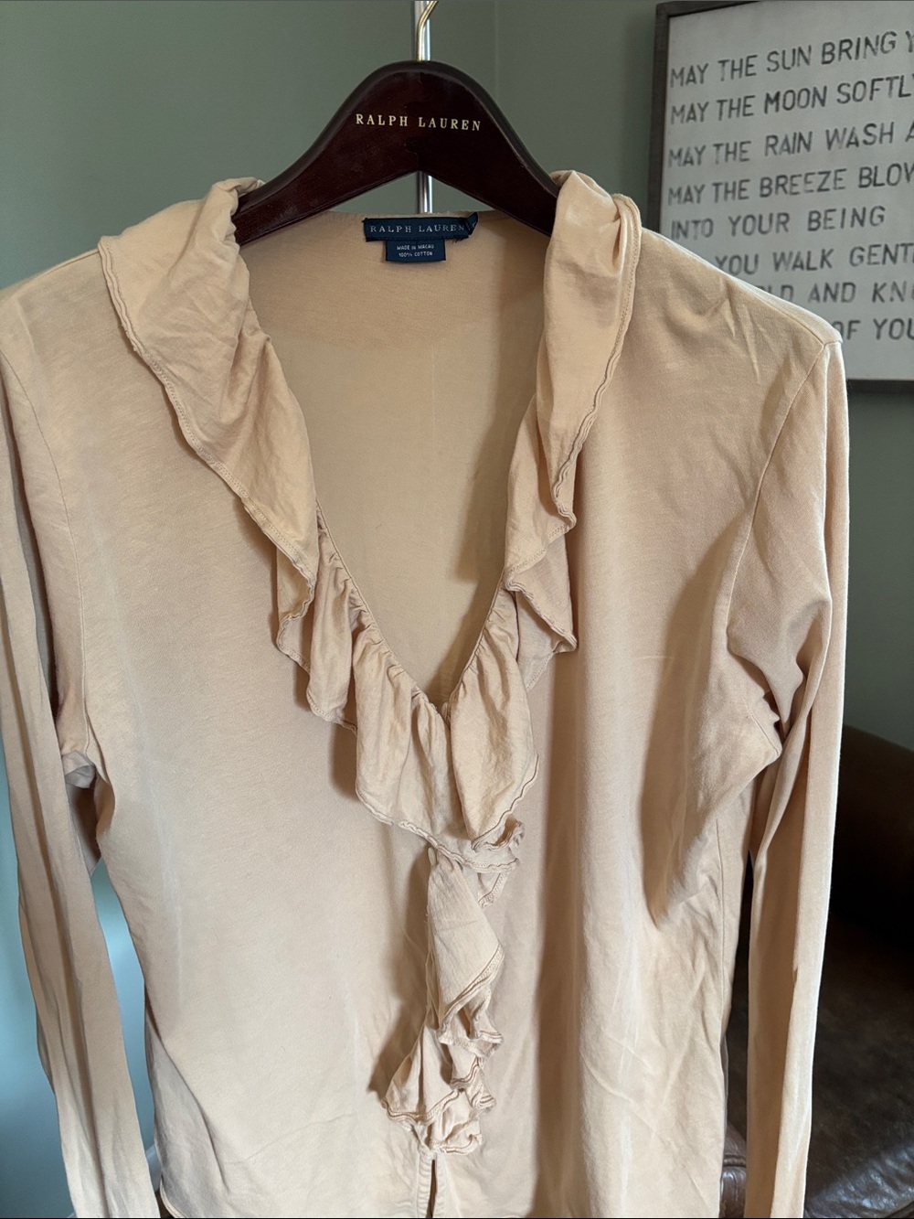 Ralph Lauren Women's Long Sleeve Ruffle V-Neck Top - Beige